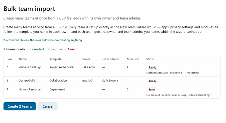 TeamHub batch importer status